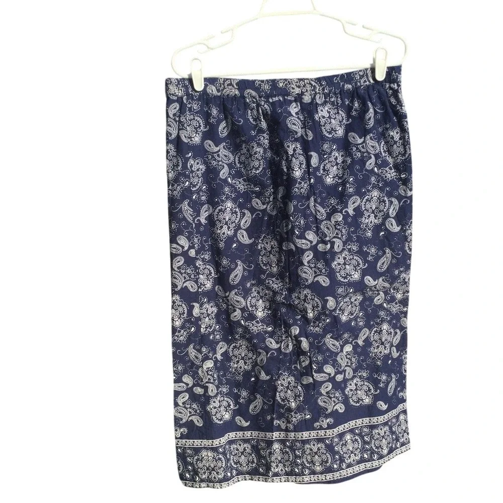 Womens‎ Cotton Pull On Midi Skirt Navy Blue Paisley Western Americana Summer S